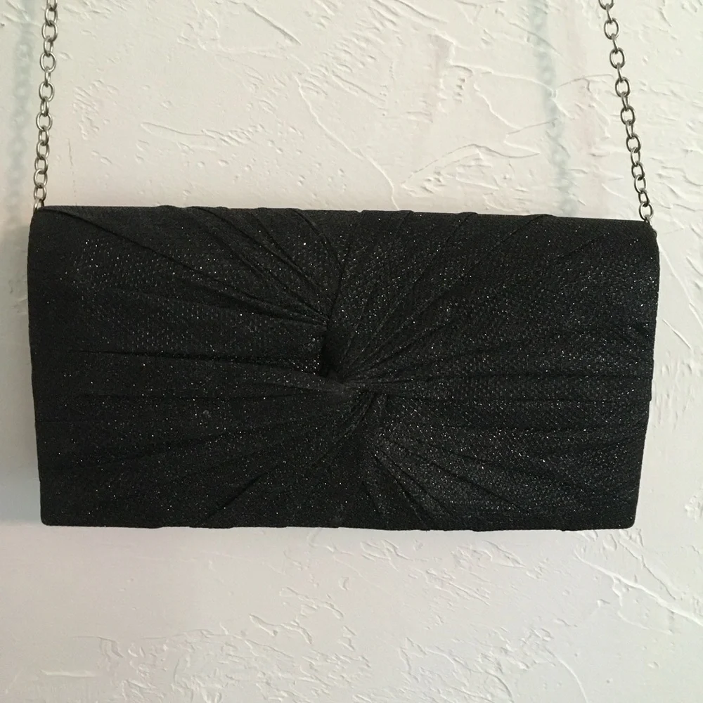 Black Shimmer Pleated Evening Clutch Bag Chain 10x5